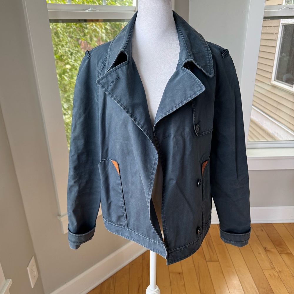 LACOSTE Navy Blue Cropped Waxed Canvas Trench Coat Utility Jacket Sz 40